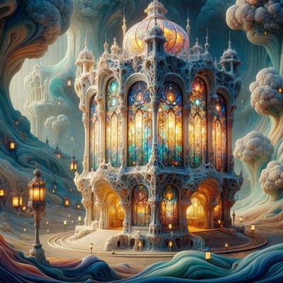 Primary subject: A large, intricately designed building with a dome and many windows.

Setting/background: The building is situated in a whimsical, fantastical landscape with a mix of water, clouds, and otherworldly elements.

Visual style: The image is a digital art piece, featuring a vibrant and imaginative design.

Colors and mood: The colors in the image are predominantly blue, green, and white, creating a serene and enchanting atmosphere